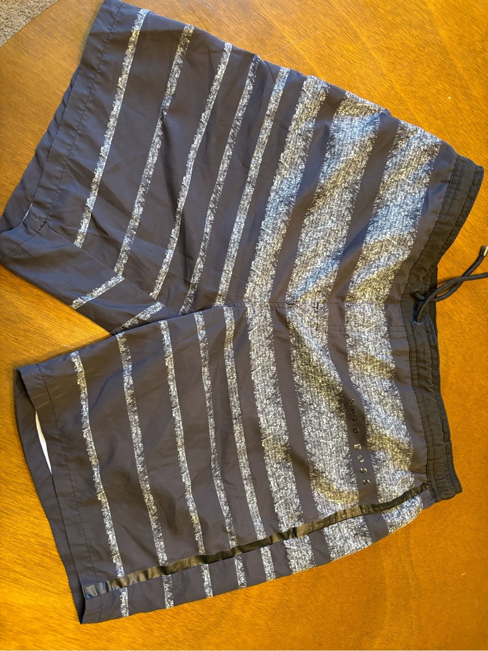 Boss Men's Navy and Gray Striped Athletic Shorts